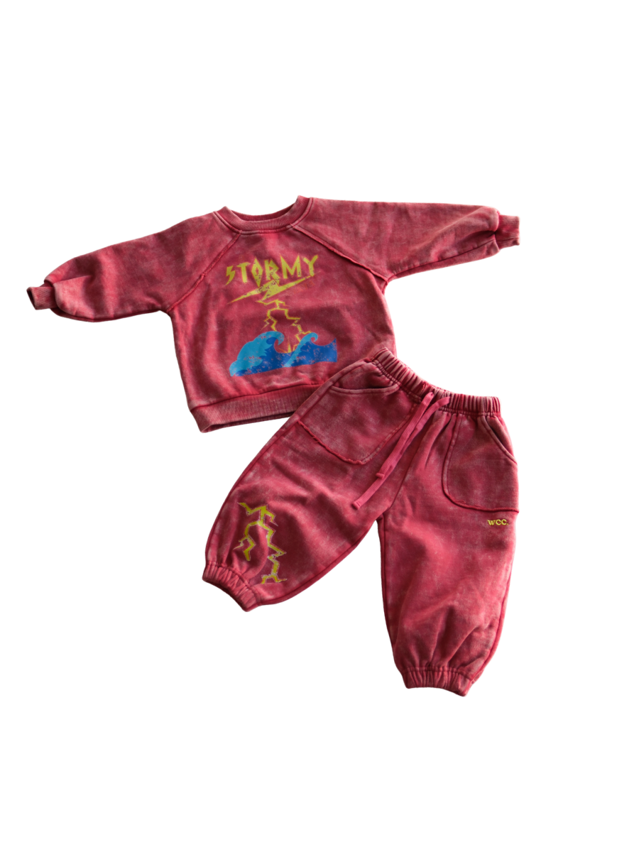 red stormy acid wash pant